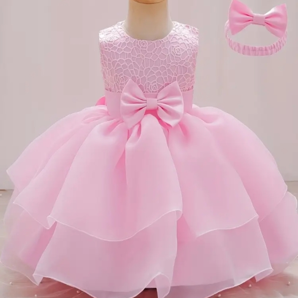 Pink Tiered Tulle Dress with Bow